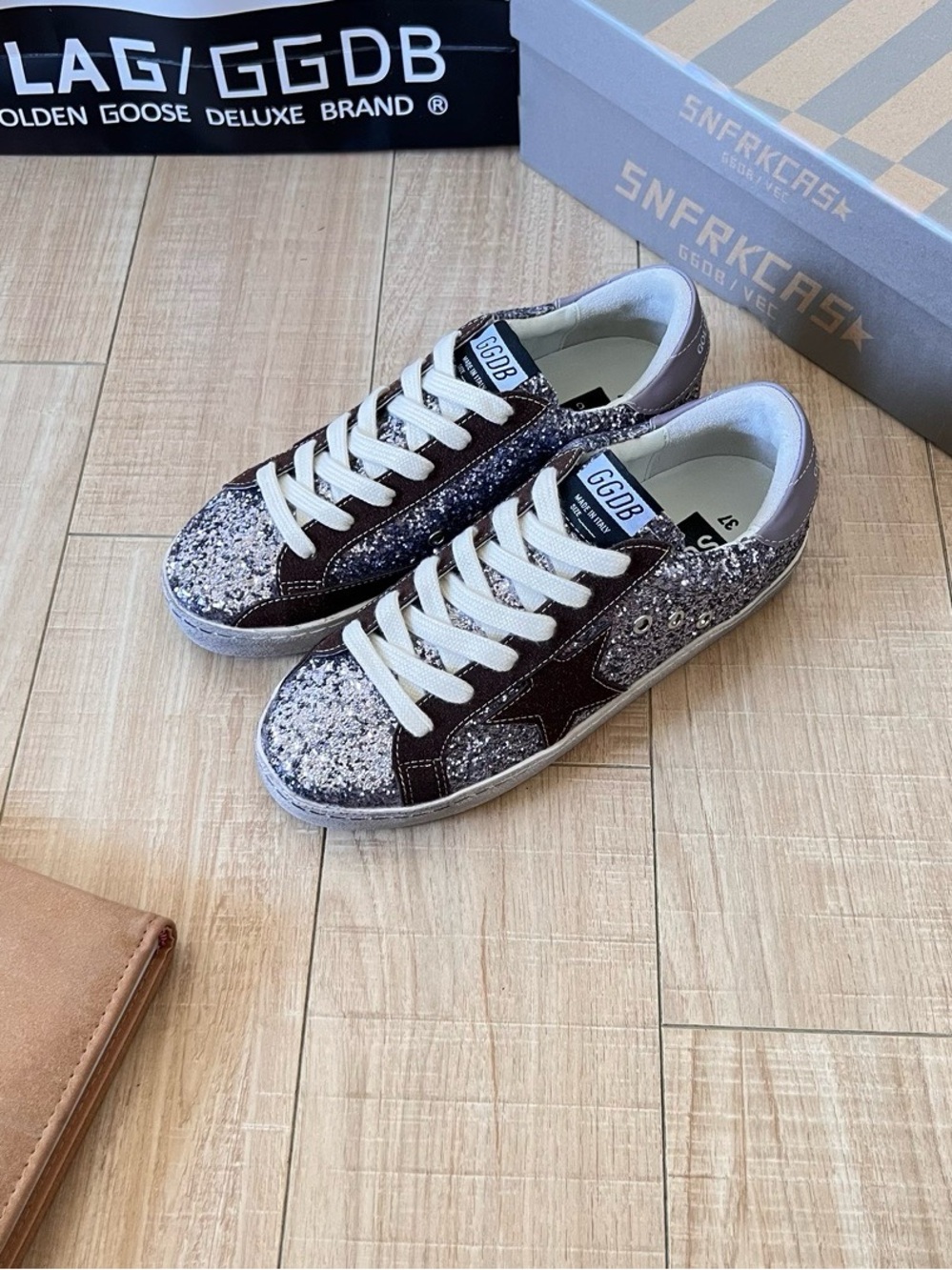 Golden Goose Silver Glitter Sneakers with Brown Star Trim - Picture 7 of 8